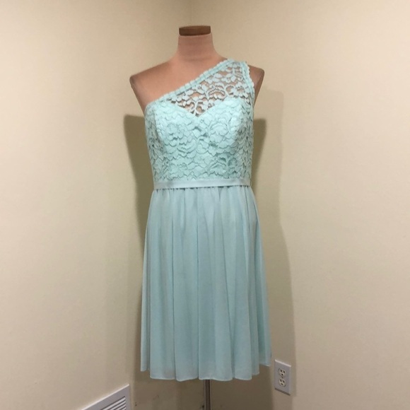 David’s Bridal Dress Size 12 Robin’s Egg Blue Floral Lace One Shoulder - Picture 2 of 6